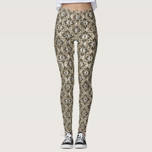 Tan, Grey en Brown Patterned Flowers Leggings (Voorkant)