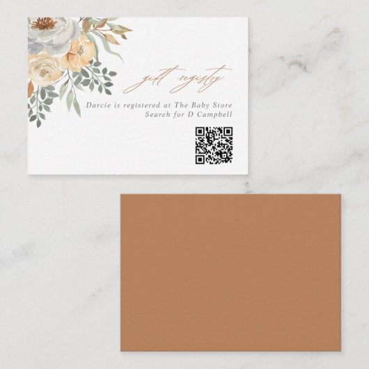 Tan & Grey Floral QR Code Gift Registry Informatiekaartje (Voorkant / Achterkant)