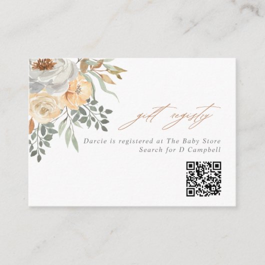 Tan & Grey Floral QR Code Gift Registry Informatiekaartje (Voorkant)