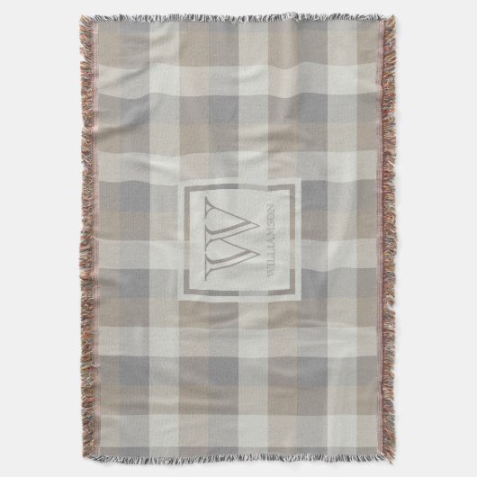 Tan Grey Ivory Neutral Rustic Plaid Monogram Deken (Voorkant Verticaal)