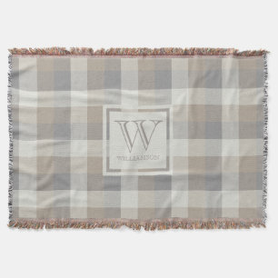 Tan Grey Ivory Neutral Rustic Plaid Monogram Deken