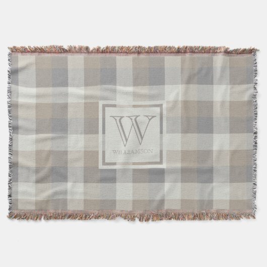 Tan Grey Ivory Neutral Rustic Plaid Monogram Deken (Voorkant)