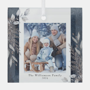 Tan & Grey Winter Foliage Foto kerstblauw Glas Ornament
