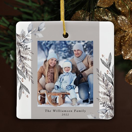 Tan & Grey Winter Foliage Fotokerstmis Keramisch Ornament