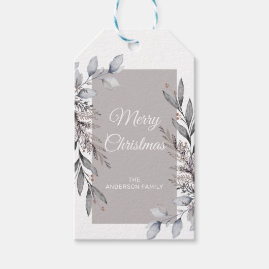 Tan & Grey Winter Foliage Merry Kerstmis Cadeaulabel (Voorkant)