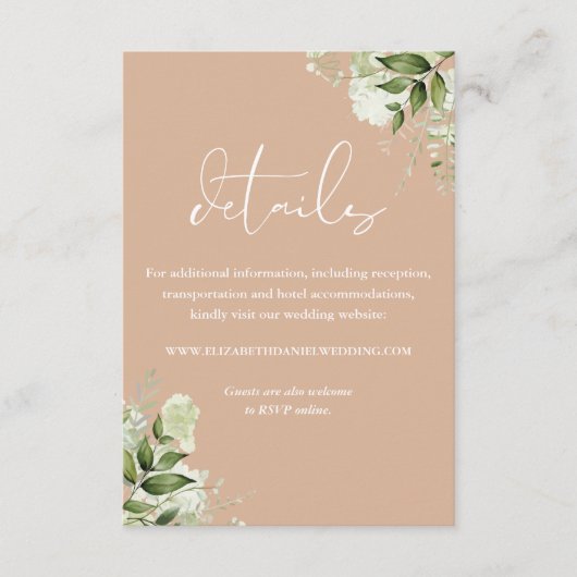 Tan groen bloemenbruiloft details informatiekaartje (Voorkant)