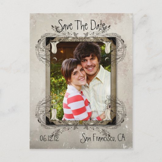 Tan Grunge Bloemenfoto Sla de datum op Aankondigingskaart (Voorkant)