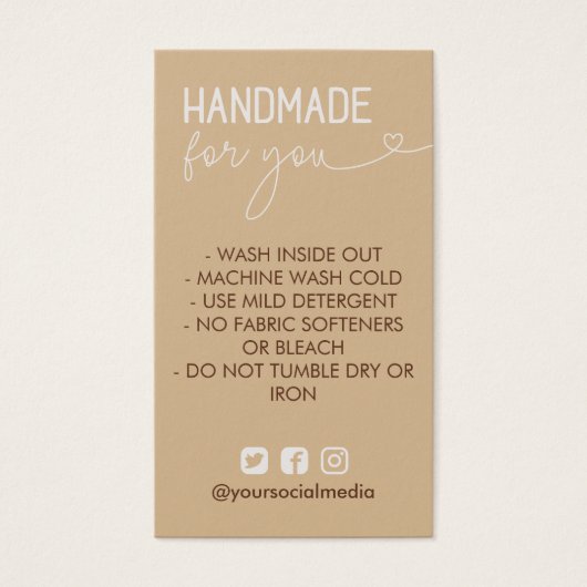 Tan Handmade Wash Instructions Social Media Visitekaartje (Voorkant)