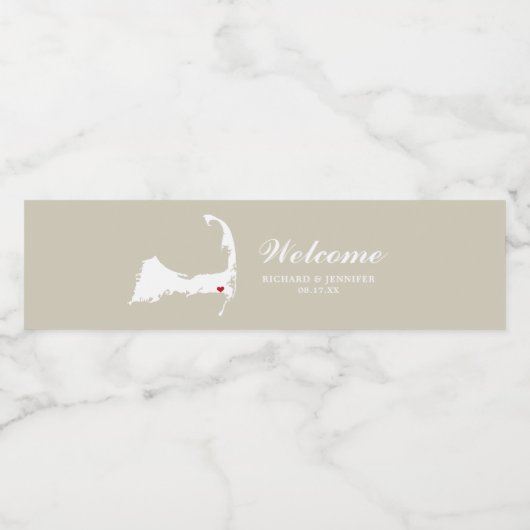 Tan Harwich Cape Cod Kaart met rood hart Bruiloft Waterfles Etiket (Enkel label)