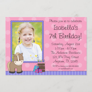Tan Horse Pink Polka Dots Foto Birthday Party Kaart