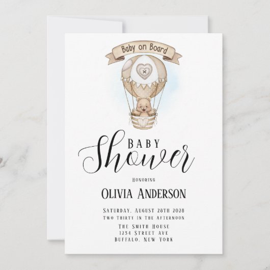 Tan Hot Air ballon Teddy Bear Baby shower Kaart (Voorkant)