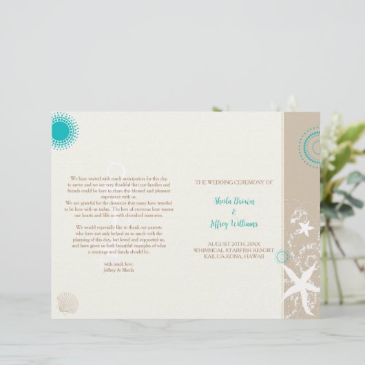 Tan Ivory Aqua Beach Wedding BiFold Programme (Staand voorkant)