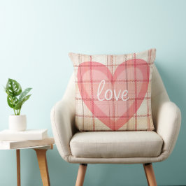 TAN KATOENEN PATROON MET ROZE VALENTIJN HART KUSSEN