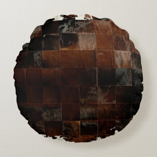 Tan Koeienhuid Patchwork Print Rond Kussen (Voorkant)