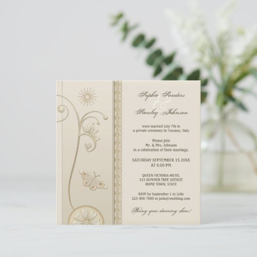 Tan Lace Floral After or Post Wedding Invitation Kaart (Staand voorkant)
