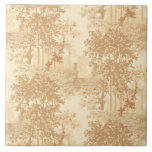 Tan Landscape Toile w/Urns en Kolommen Tegeltje<br><div class="desc">Historisch landschap van ca. 1900,   geelbruin en roomvormig,  met een oeroud ontwerp,  met staarten en staarten omringd door bomen in een gearceerde houten grove.</div>