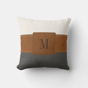 Tan Leather Gray White Linen Farmhouse Monogram Kussen