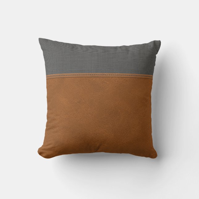 Tan Leather Grey Linen look Minimal Farmhouse Kussen (Voorkant)