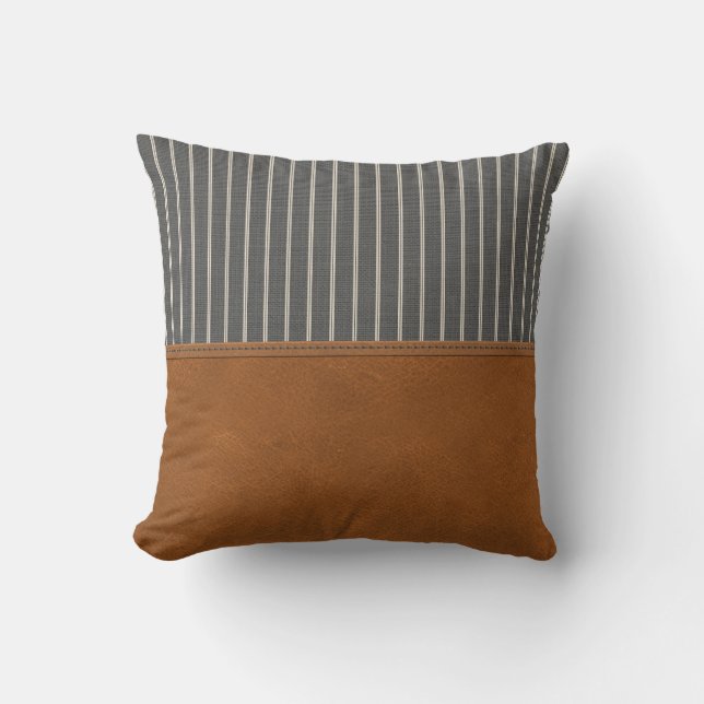 Tan Leather Striped Gray Linen Minimal Farmhouse Kussen (Voorkant)