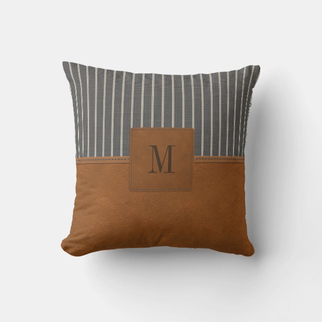 Tan Leather Striped Gray Linen Monogram Farmhouse Kussen (Voorkant)