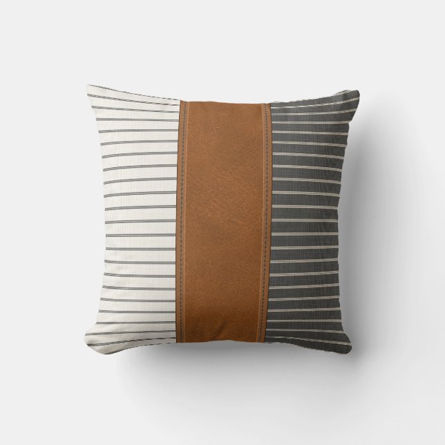 Tan Leather Striped Linen Minimal Farmhouse Kussen (Voorkant)