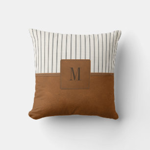 Tan Leather Striped White Linen Monogram Farmhouse Kussen