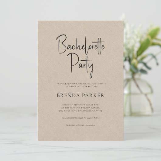 Tan Linen Simple Black Script Bachelorette Party Kaart (Staand voorkant)