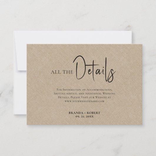 Tan Linen Simple Black Script Weddenschap Details Kaart (Voorkant)