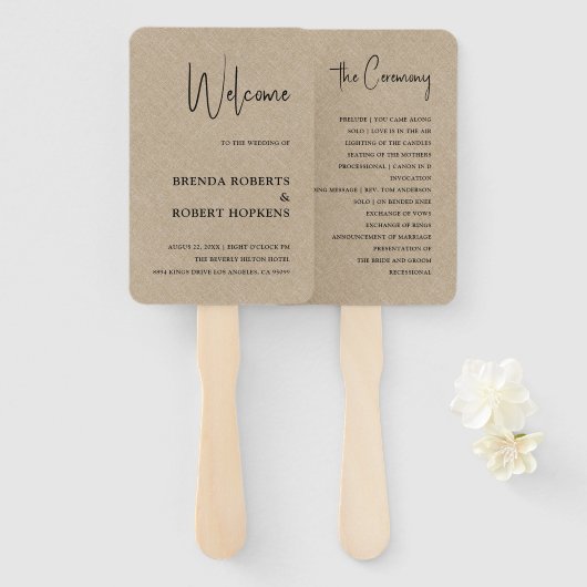 Tan Linen Simple Black Script Weddenschap Hand Fan Handwaaier (Voorkant en achterkant)