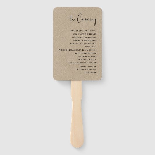 Tan Linen Simple Black Script Weddenschap Hand Fan Handwaaier (Achterkant)