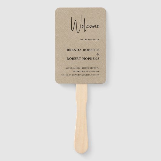 Tan Linen Simple Black Script Weddenschap Hand Fan Handwaaier (Voorkant)