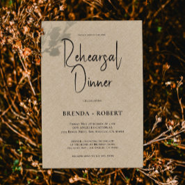 Tan linen Simple White Script Rehearsal Dinner Kaart