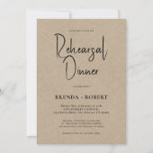 Tan linen Simple White Script Rehearsal Dinner Kaart (Voorkant)