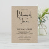 Tan linen Simple White Script Rehearsal Dinner Kaart (Staand voorkant)