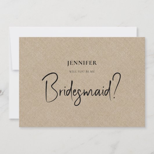 Tan Linen White Script zal je zijn mijn Bridesmaid Kaart (Voorkant)