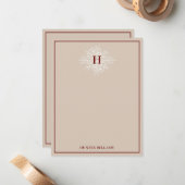 Tan Marsala Delicate Floral Monogram Notitiekaartje (Voorkant / Achterkant in situ)