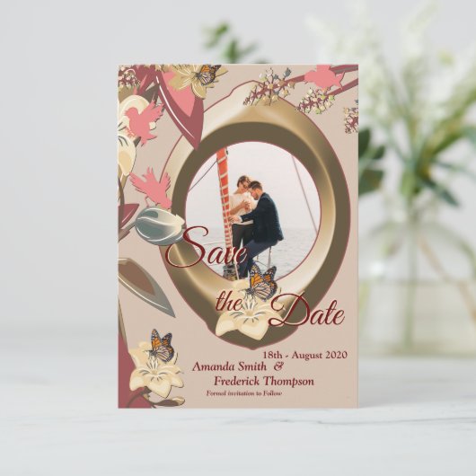 Tan - Marsala Wijn en draai van roze huiden Save The Date (Staand voorkant)