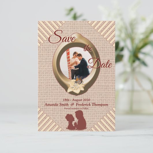 Tan - Marsala wijn getextureerd sparen de Datum Save The Date (Staand voorkant)