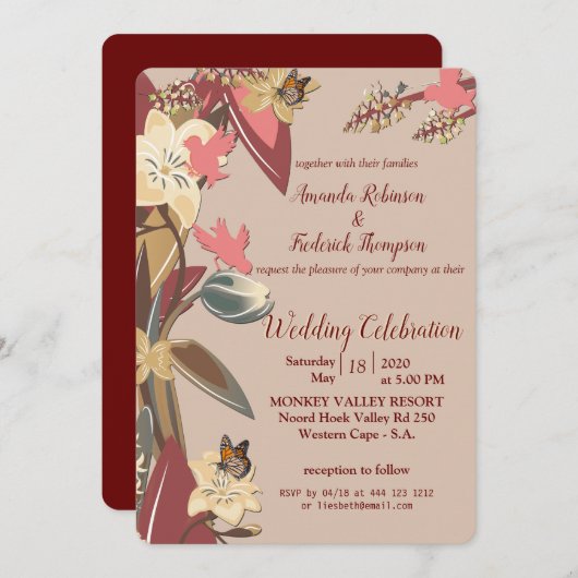 Tan - Marsala Wine , Hues of Pink Wedding Kaart (Voorkant / Achterkant)