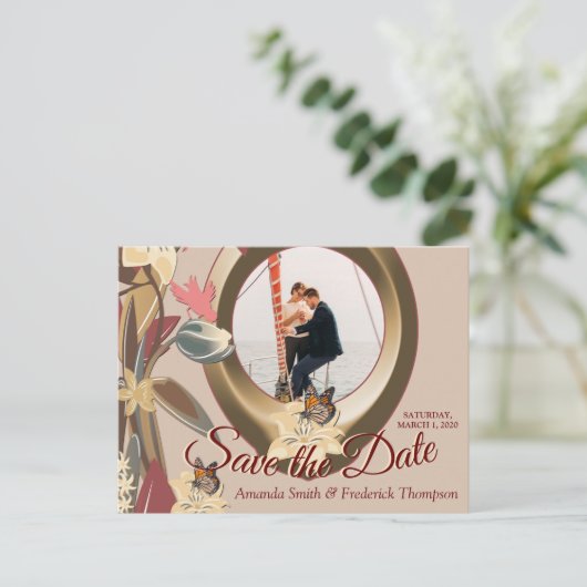 Tan - Marsala Wine & Hues van Roze sparen de Datum Aankondigingskaart (Staand voorkant)