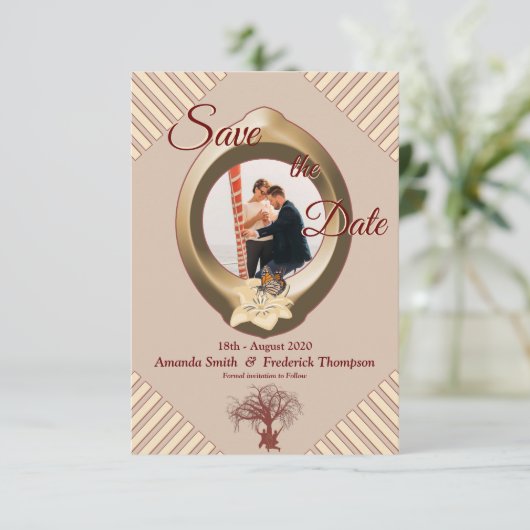 Tan - Marsala Wine modern Save the Date (Staand voorkant)