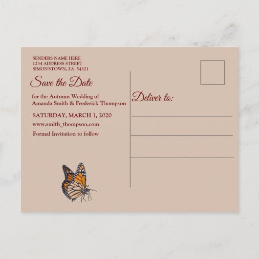 Tan - Marsala Wine & Modern Save the Date Aankondigingskaart (Achterkant)