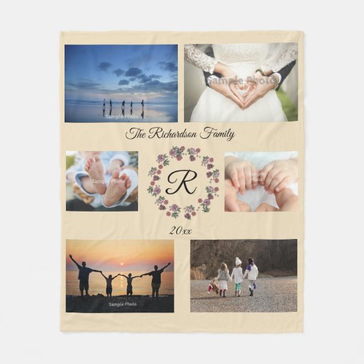 Tan Monogrammed Gepersonaliseerde 6 foto Fleece Deken (Voorkant)