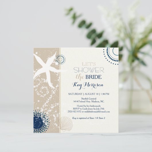 Tan Navy Blue Ivory Beach Vrijgezellenfeest Kaart (Staand voorkant)