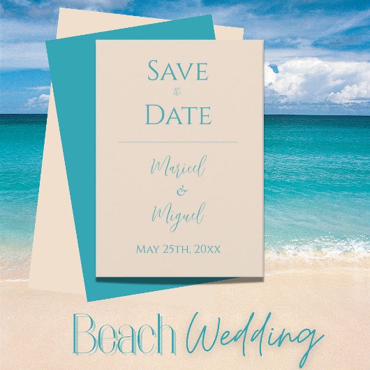 Tan Ocean Blue Bruiloft Save The Date Kaart