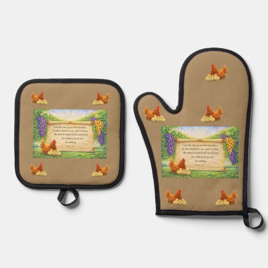 Tan Ovenwant en pannenlapper set met Bijbeltekst (Voorkant)