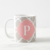 Tan Peach roze Quatrefoil Monogram Koffiemok (Links)