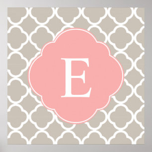 Tan Peach roze Quatrefoil Monogram Poster