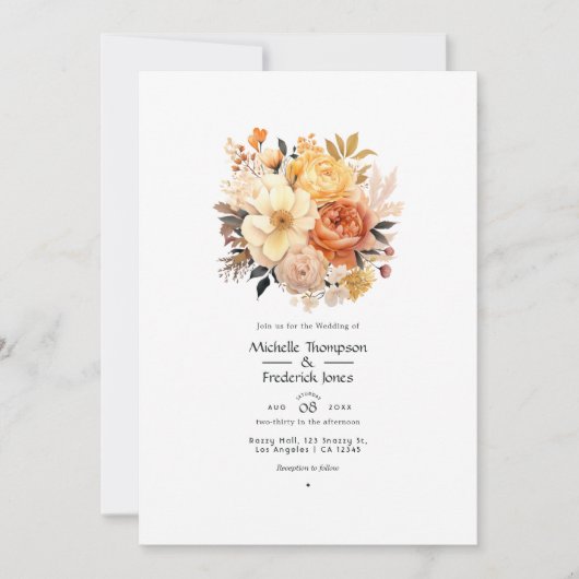 Tan, perzik en zand bloemenbruiloft kaart (Voorkant)