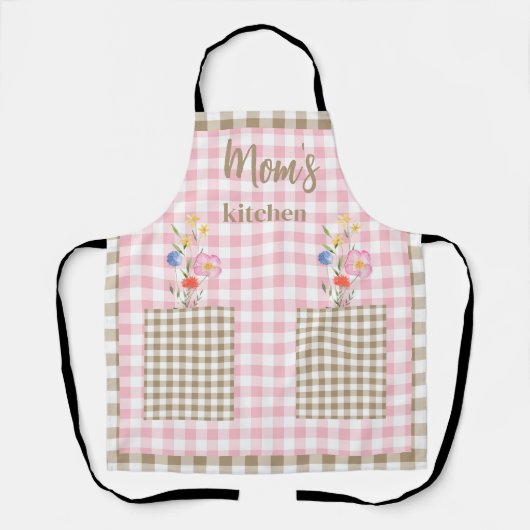 Tan & Pink Gingham Wildflower Makkers Keuken II Schort (Voorkant)